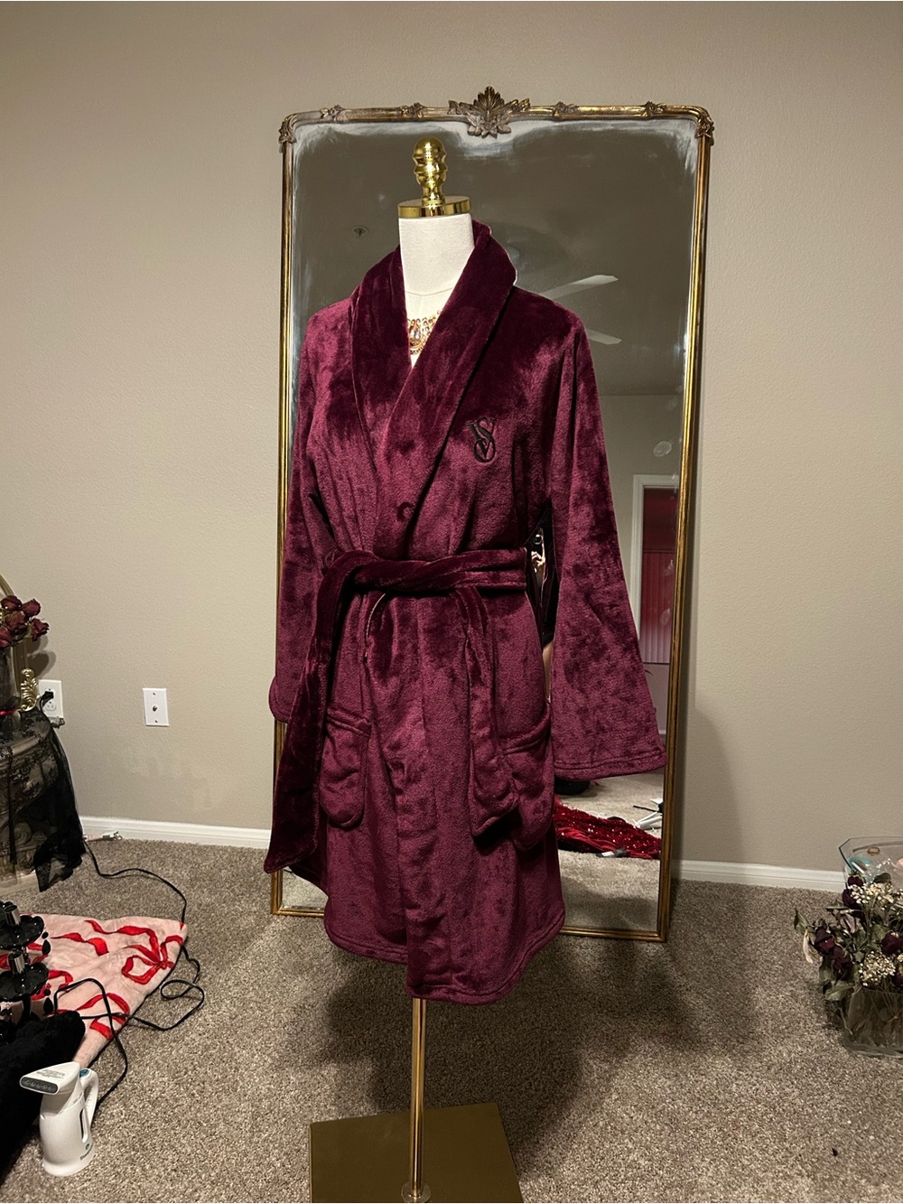 Victoria's Secret Plush Shawl-Collar Robe in Deep Burgundy